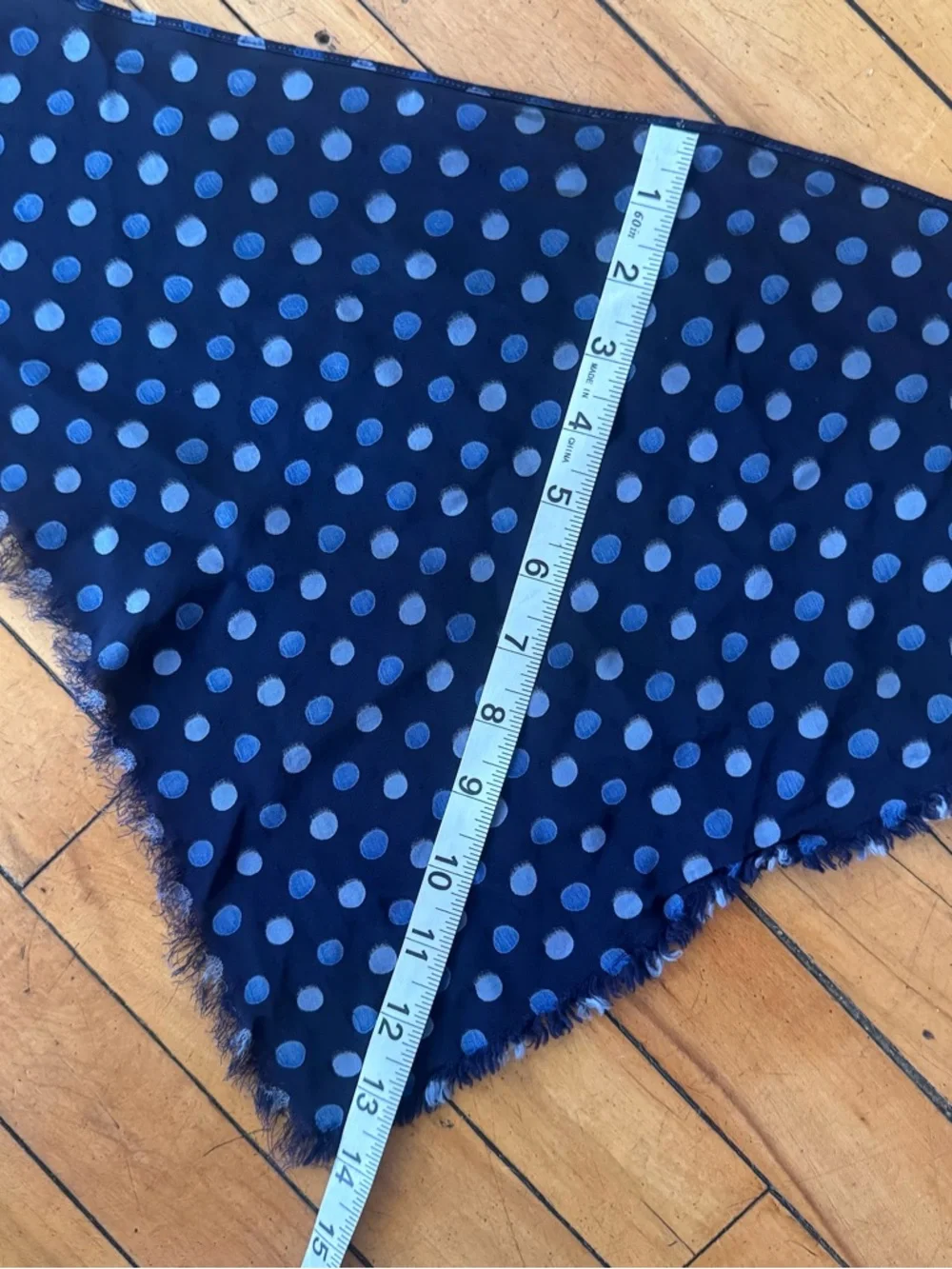 Vintage silk fringe triangle Polka Dot Navy Blue Lightweight Scarf bandana vtg - Picture 6 of 6
